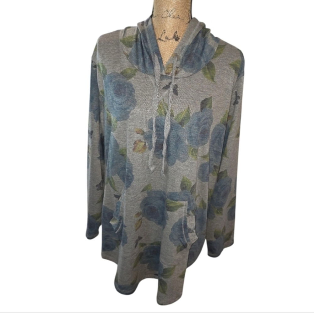 Philosophy Woman Grey Blue Rose Floral Print‎ Hoodie Tunic Sweatshirt 2X